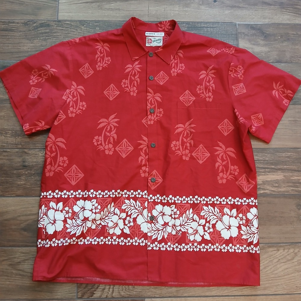 Vintage Hilo Hattie Shirt Mens Red Hawaiian Tropical Floral Aloha Camp‎ Button